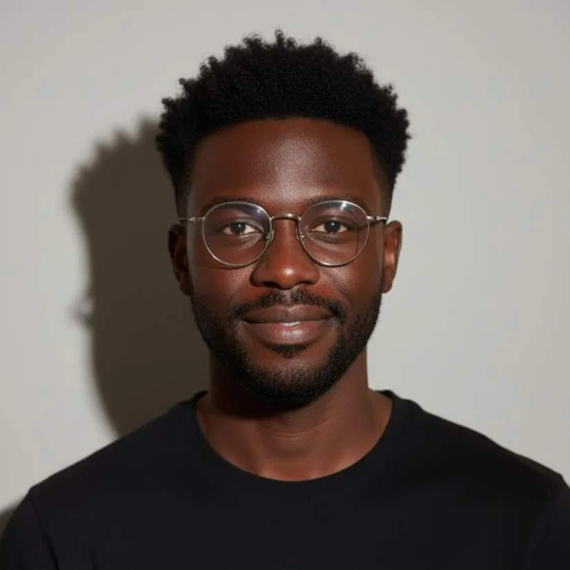 Homme noir portant des lunettes rondes et un t-shirt noir, regardant la caméra avec un léger sourire.