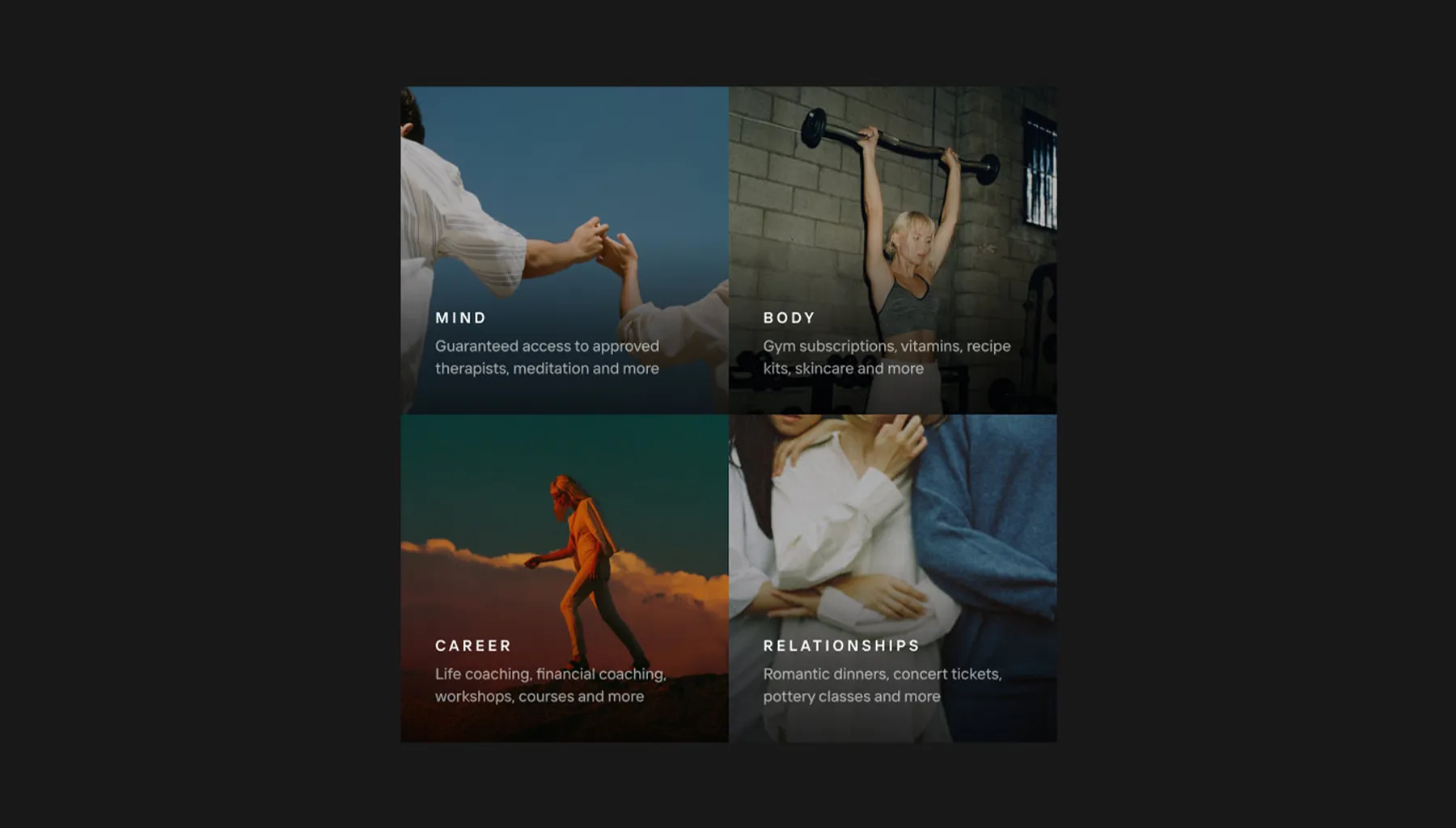 Quatre sections sur la santé et le bien-être : esprit avec deux personnes se tenant par la main, corps avec une femme levant des poids, carrière avec une personne marchant au coucher du soleil, relations avec un couple enlacé.