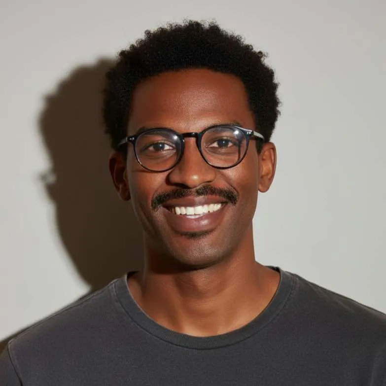 Portrait d'un homme souriant portant des lunettes rondes et un t-shirt gris.